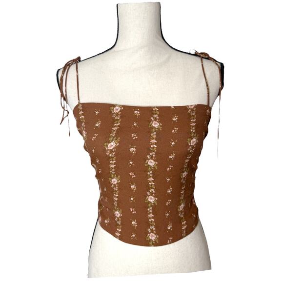 Reformation Top Crop Tank Square Neck Cami Tie Strap Brown Floral Ruched Side 0 - Picture 2 of 9